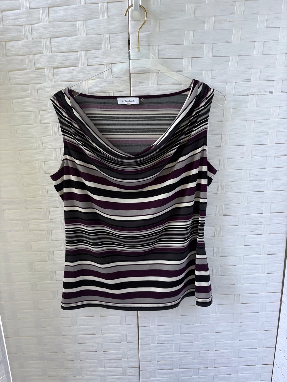 Calvin Klein XL Stripe Sleeveless Top Cowl Neck Career Office Church Stretch